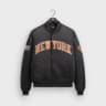 The product photo: a black satin New York bomber jacket